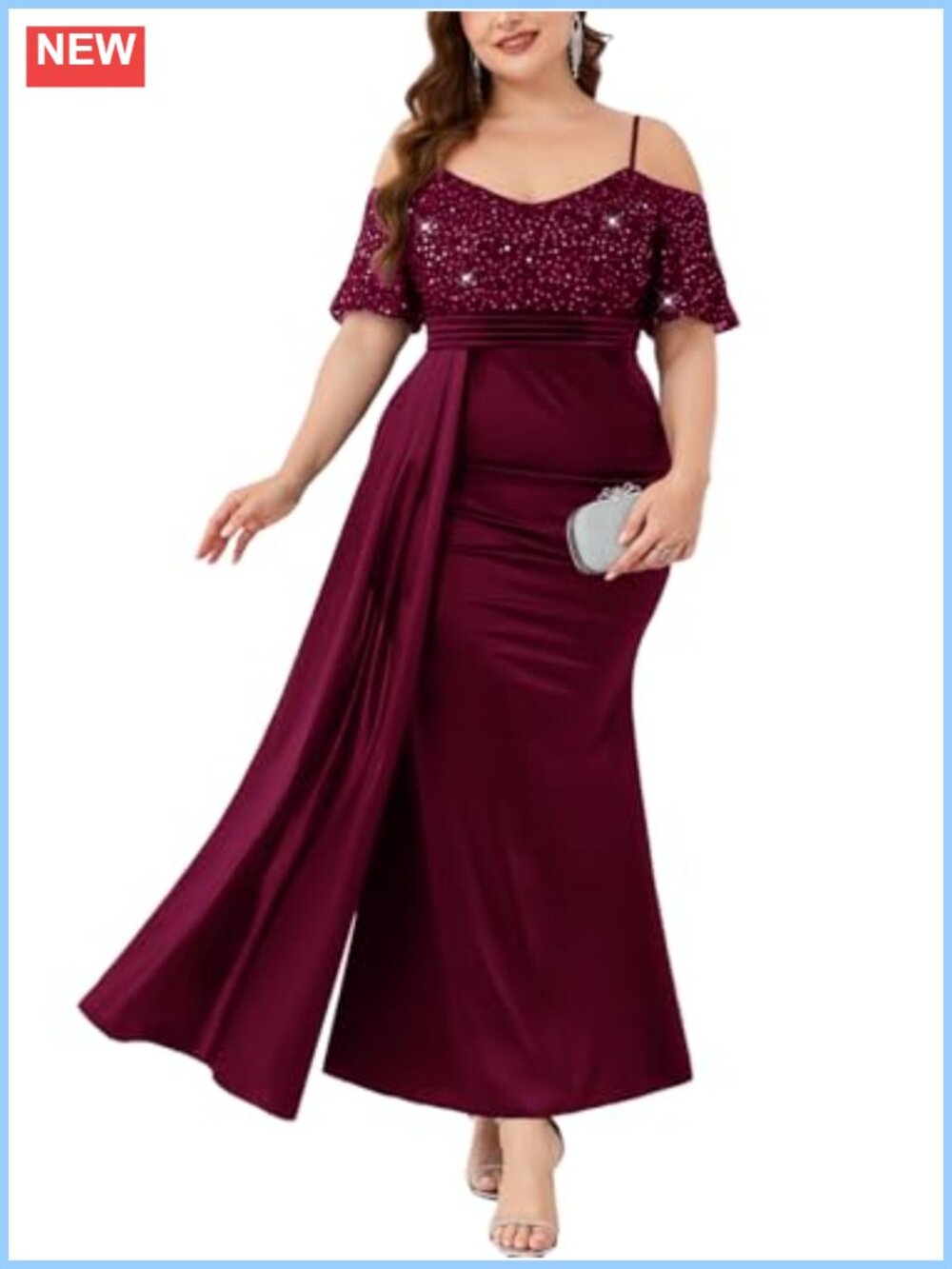 Plus Size Sequin Satin Off Shoulder Mermaid Maxi Formal Evening Gown
